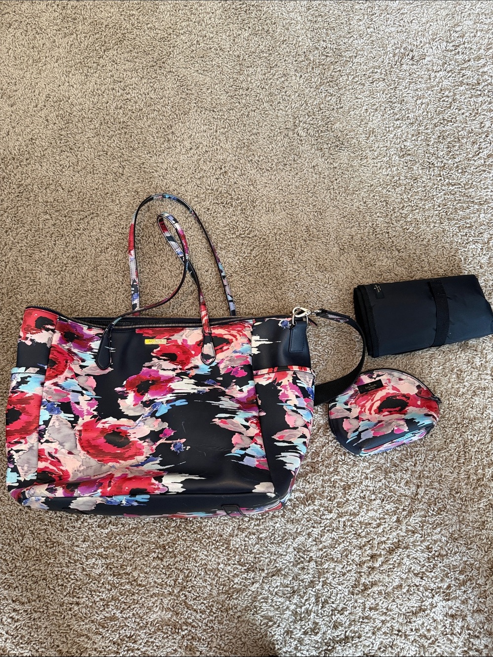 kate spade Black Floral Tote with Pink and Blue Blooms